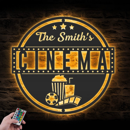 Custom Movie And Popcorn Metal Wall Art LED Light Personalized Family Cinema Home Theater Name Sign Home Decor Man Cave Decoration Birthday