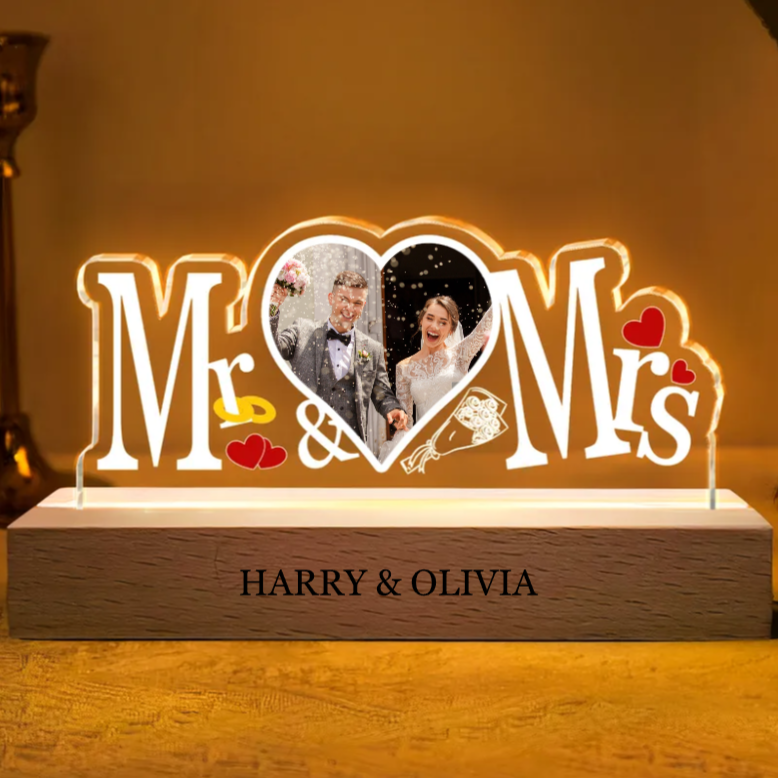 Mr. And Mrs. Custom Photo - Personalized 3D LED Light Wooden Base - Gift For Him, Gift For Her