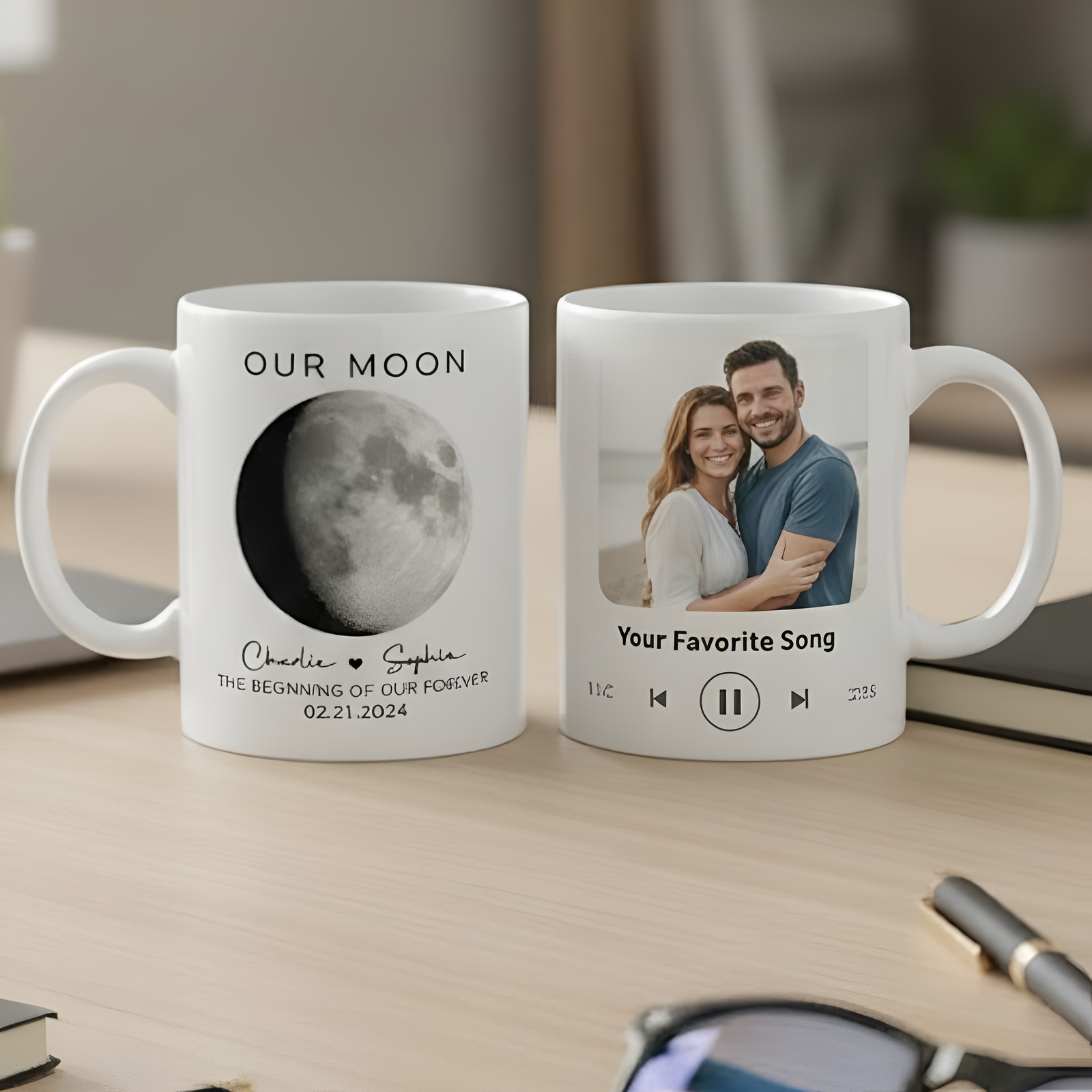 Our Moon Couple Moon Phase Custom Couple Photo With Favorite Song - Personalized Mug - Anniversary Gift For Him Gift For Her