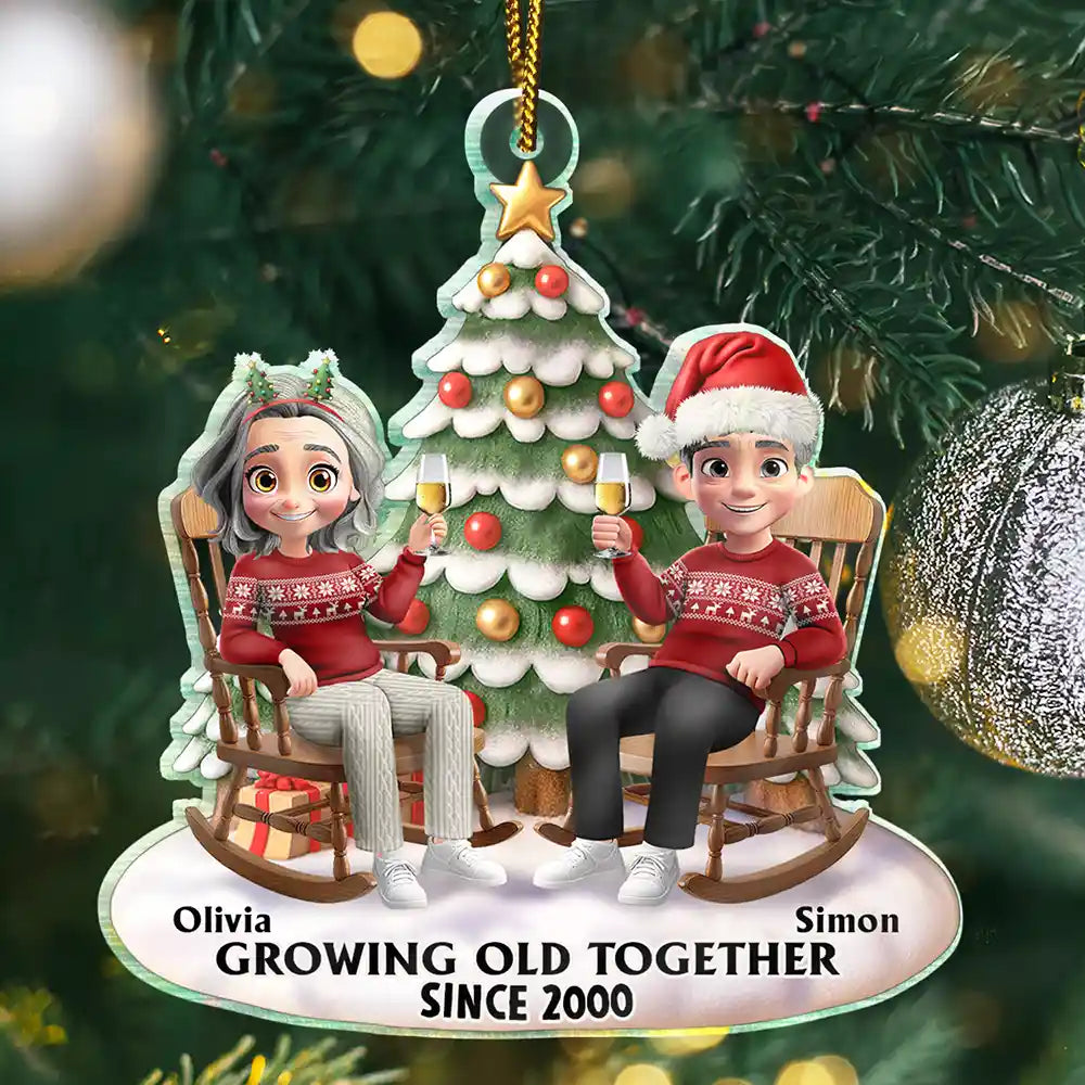 Growing Old Together 3D Effect Couple Sitting - Personalized Custom Shaped Acrylic Ornament - Christmas Gift For Couple