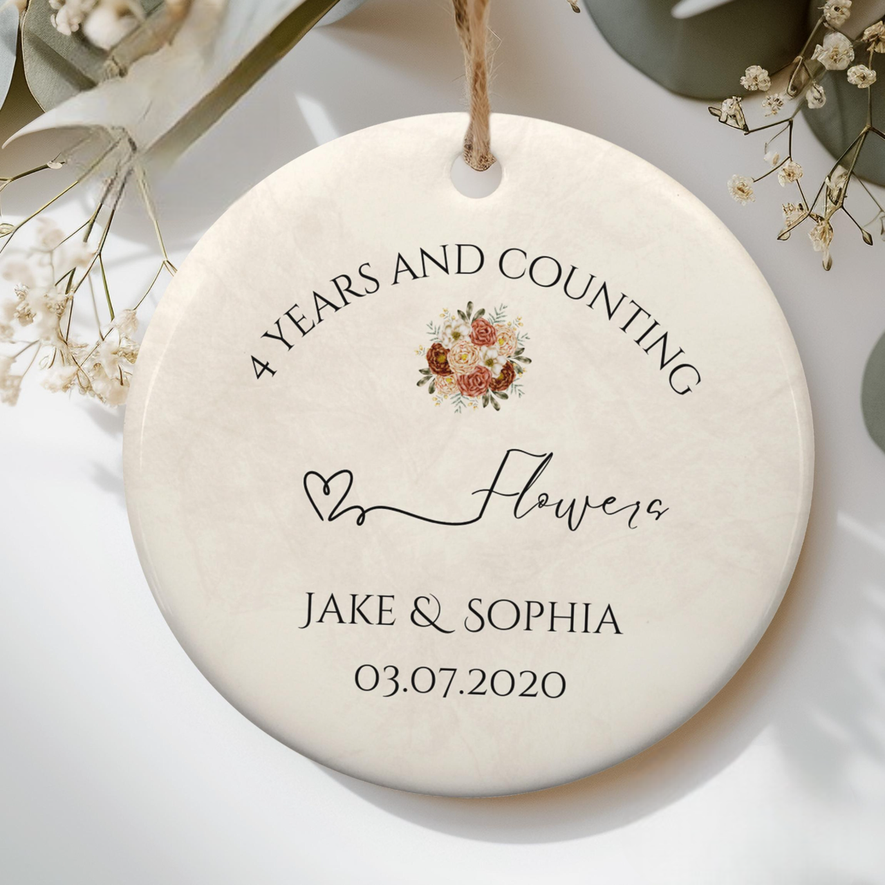 Personalized 4th Anniversary Ornament, Flower Wedding Anniversary Gift, Fourth Year Anniversary Ceramic Ornament, 4 Years Married Keepsake Gift