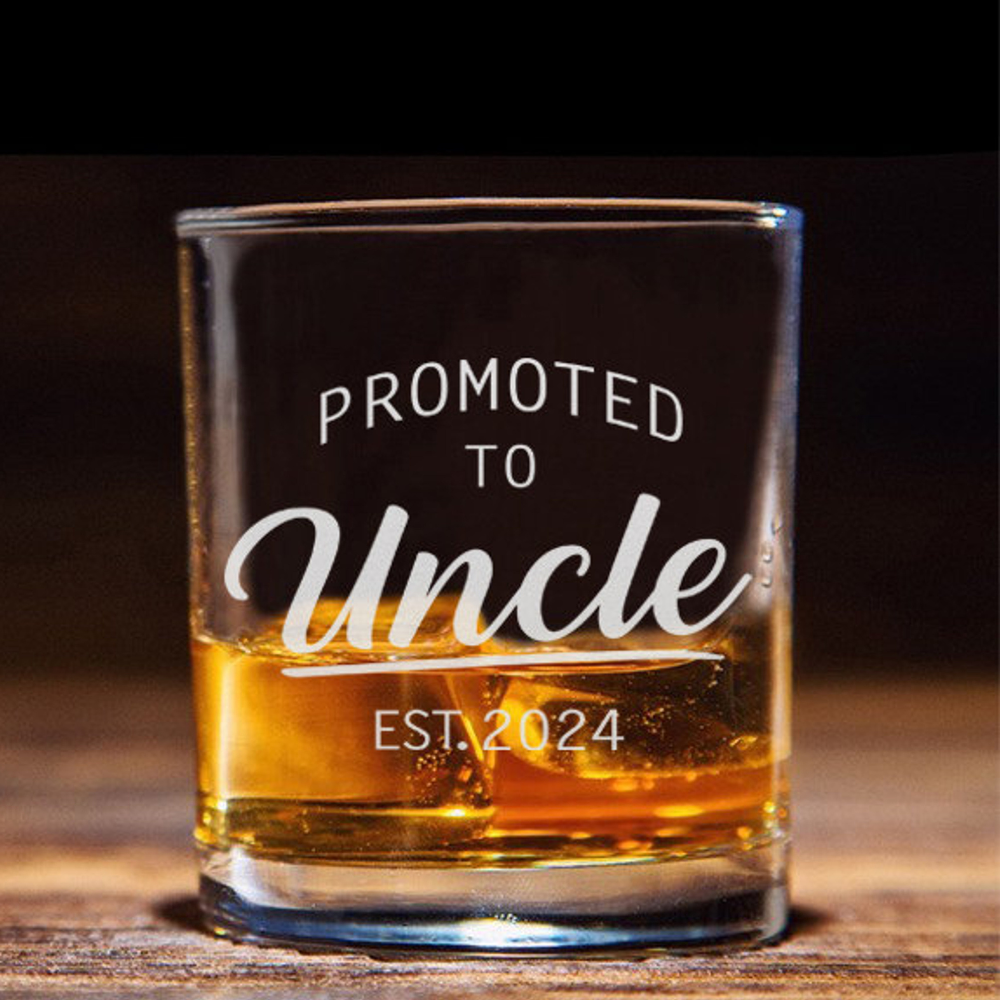 Promoted to Uncle - Personalized Wine Glass - Whiskey Glass Gift For Uncle