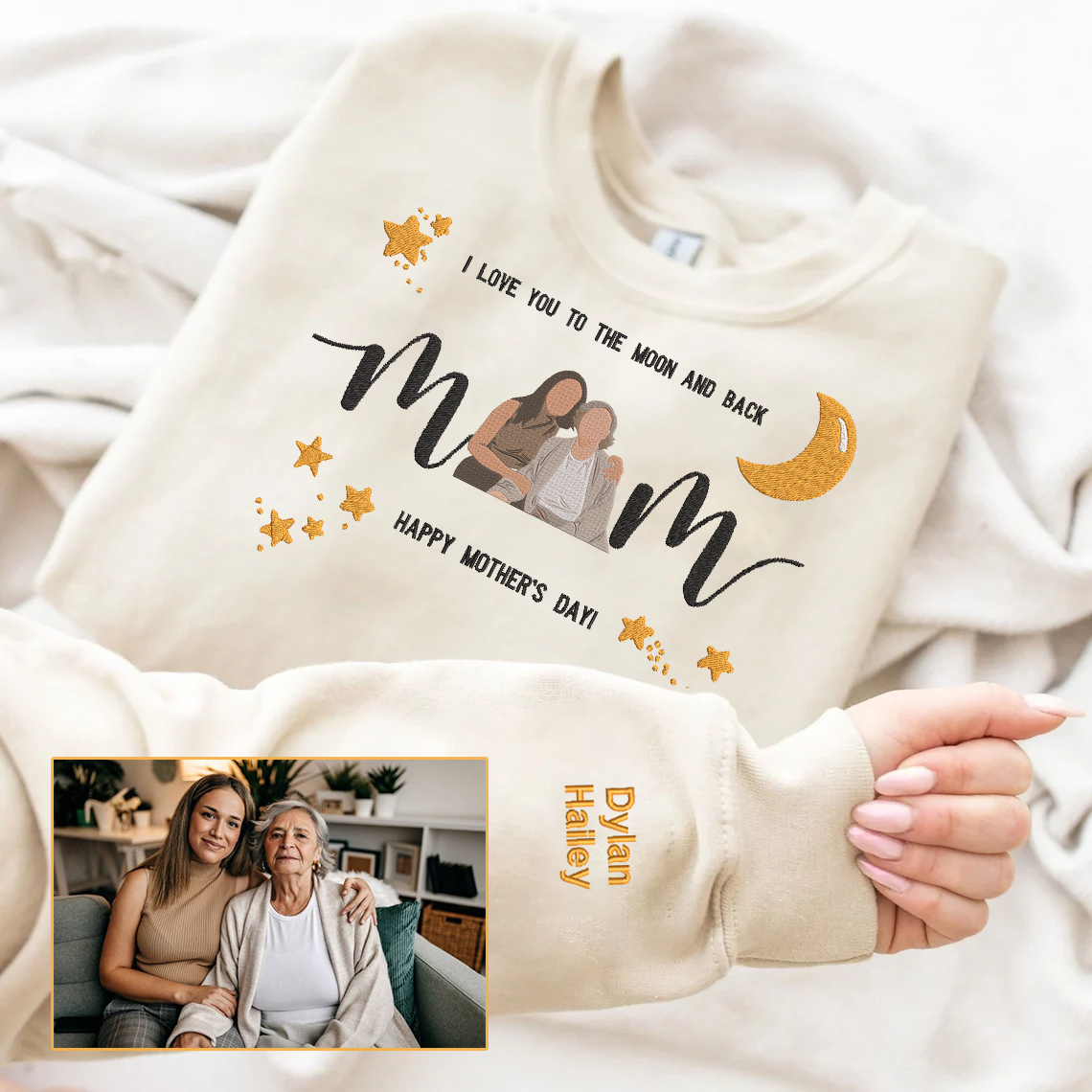Mother's Day Personalized Embroidered Apparel, I Love You To The Moon And Back Photo Portrait