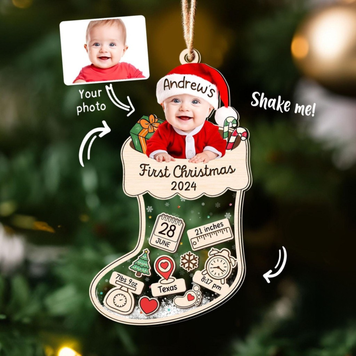 Baby's First Christmas Ornament 2024, Custom Baby Photo Ornament, New Baby Shaker, Newborn Gift, 4D Shake Babies Ornament, Baby Shower Gifts