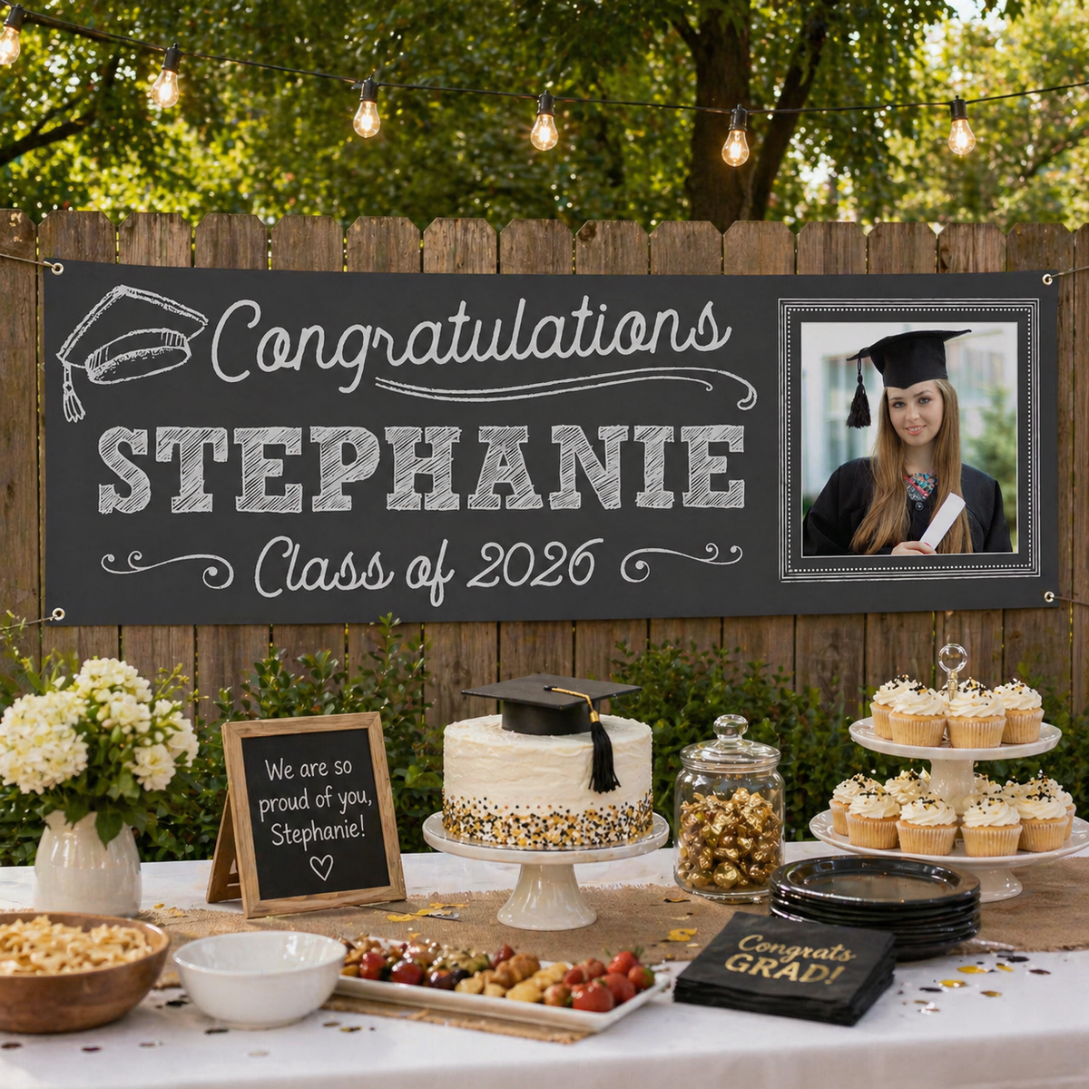 Personalized Chalkboard Graduation Banner with Photo, Custom Name Class of 2026 Congrats Grad Party Decoration
