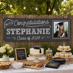 Personalized Chalkboard Graduation Banner with Photo, Custom Name Class of 2026 Congrats Grad Party Decoration