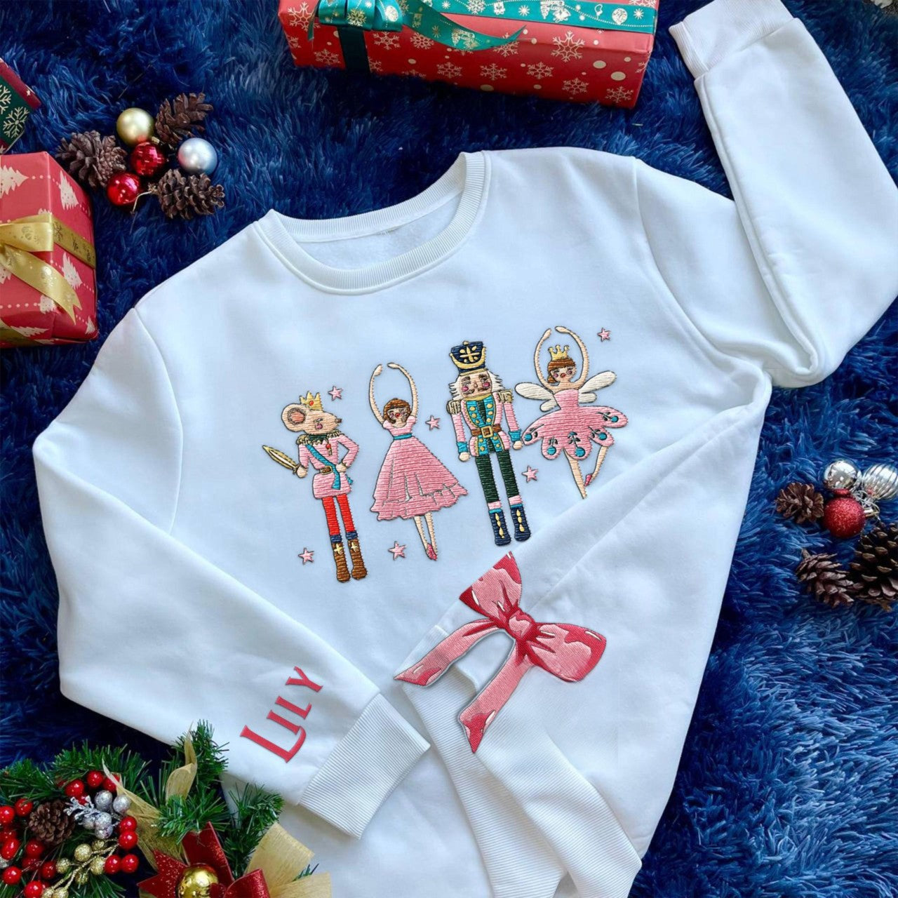 Custom Side Bow Nutcracker Ballet Christmas Embroidered Sweatshirt, Cute Nutcracker Xmas Tree Sweatshirt, Cute Holiday Season Gift