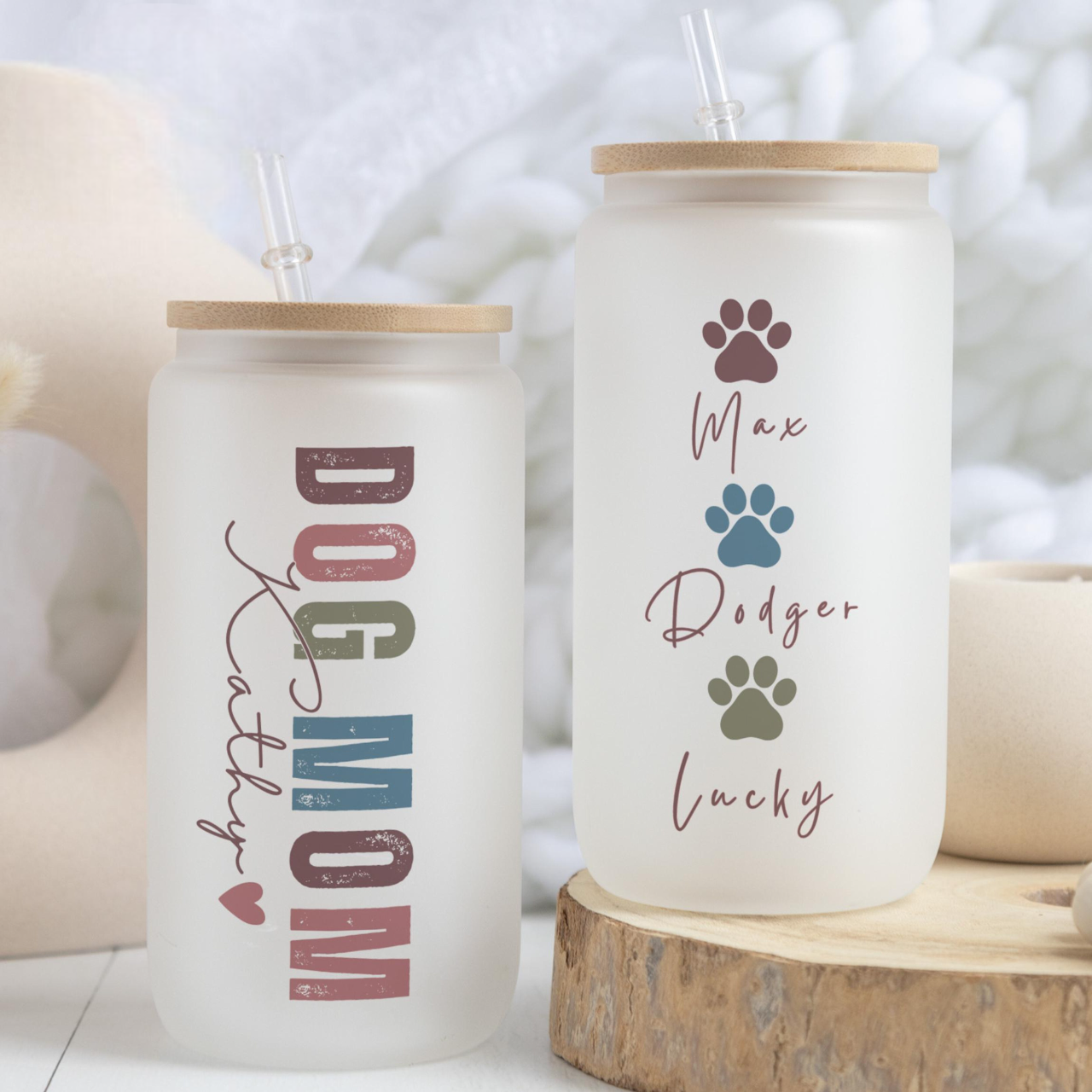 Custom Dog Mom Glass Tumbler, Pet Mom Gift, Dog Lover Cup, Dog Paws Cup, Simple Dog Mom Iced Coffee Cup, Personalized Dog Mom Frosted Cup With Dog Names