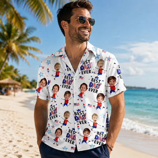 Custom Photo Stars & Stripes Best Dad Mom Grandpa Grandma Ever - Personalized Hawaiian Shirt - Gift For Dad Grandpa, Father's Day Gift