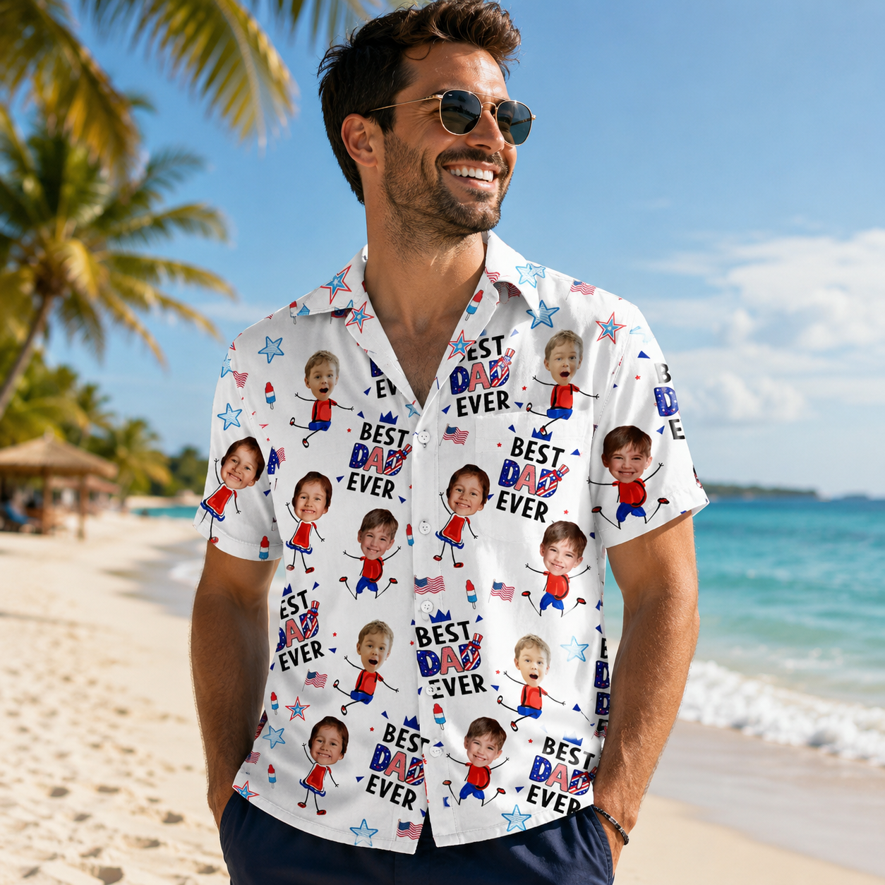 Custom Photo Stars & Stripes Best Dad Mom Grandpa Grandma Ever - Personalized Hawaiian Shirt - Gift For Dad Grandpa, Father's Day Gift