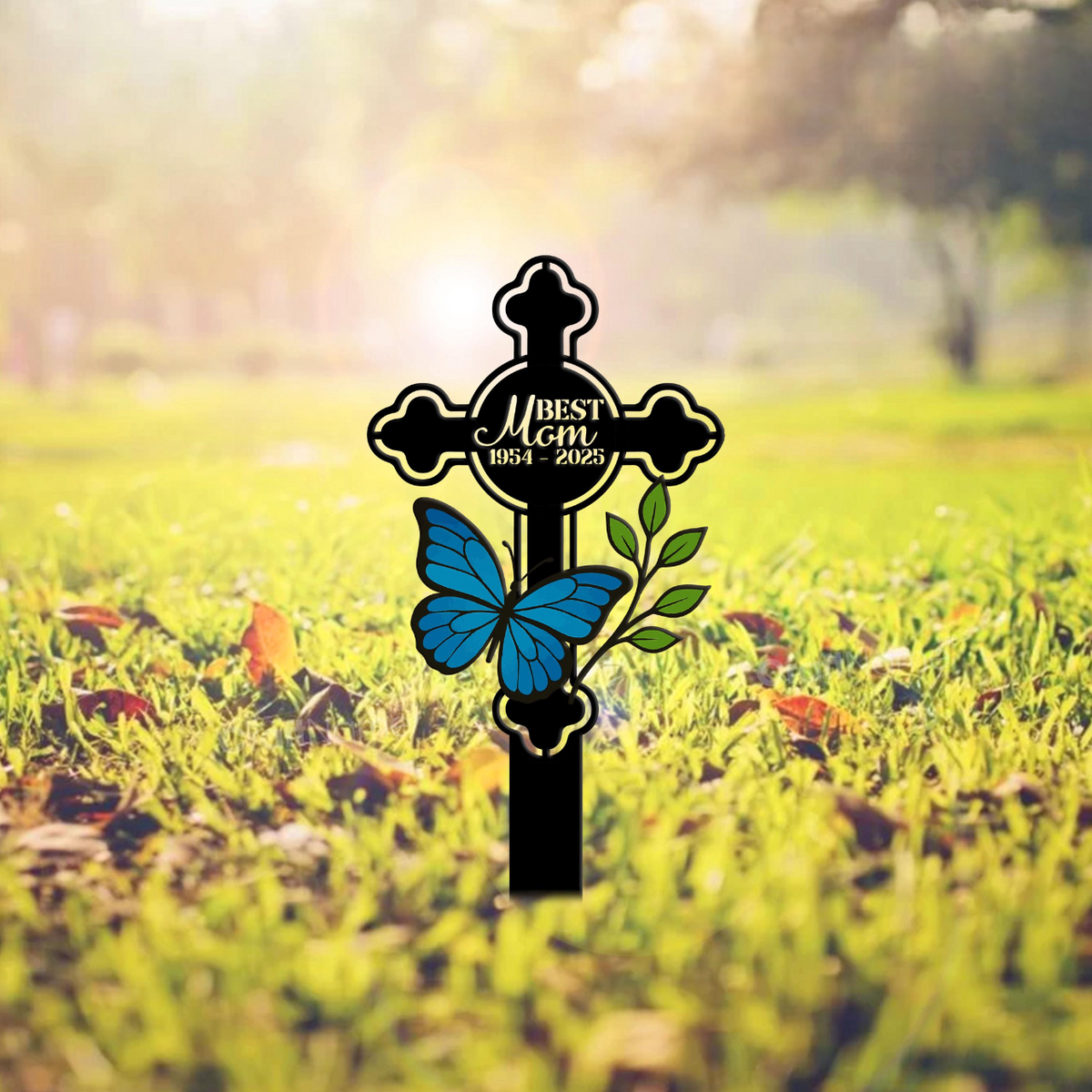 Personalized Mom Memorial Cross Stake, Metal Grave Marker, In Loving Memory Garden Sign, Loss of Mother Plaque with Stake