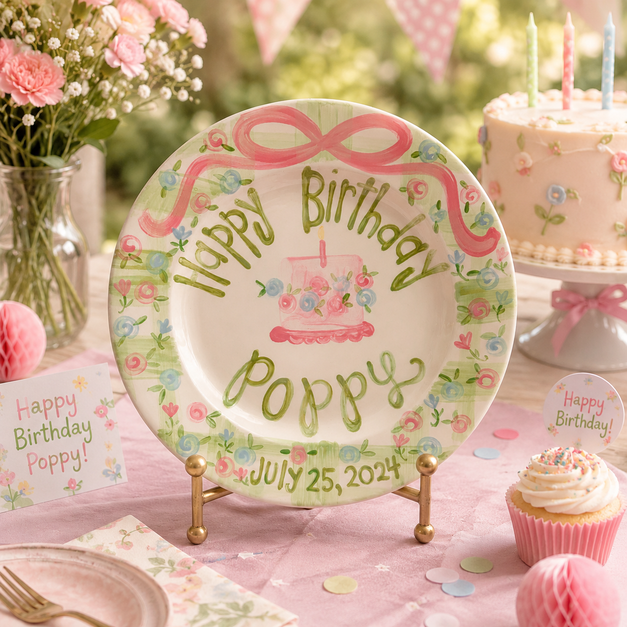 Personalized Birthday Plate For Girls, Wildflowers and Green Gingham Pattern, Gift For Birthday Girls