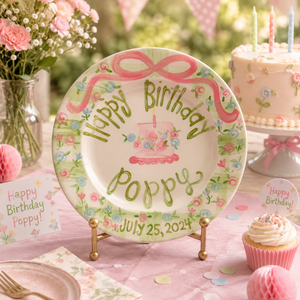 Personalized Birthday Plate For Girls, Wildflowers and Green Gingham Pattern, Gift For Birthday Girls