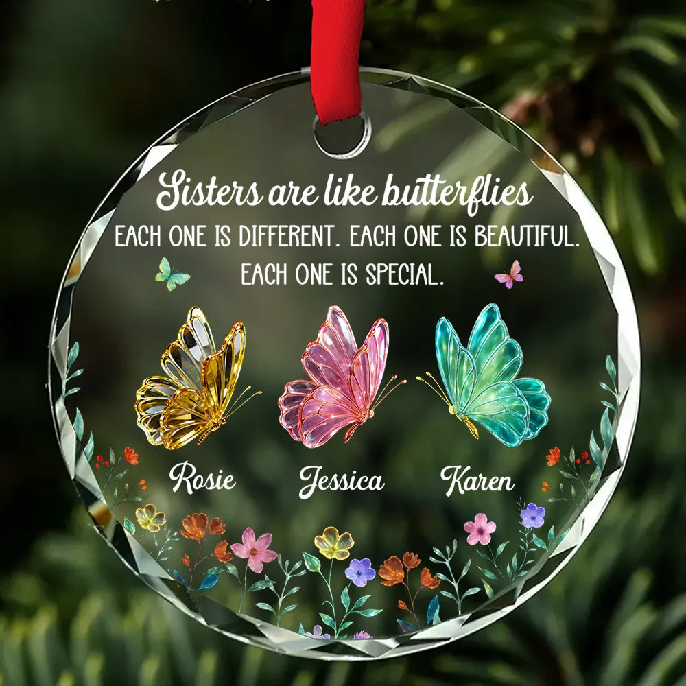 Sister Love Glass Butterflies - Personalized Crystal Ornament - Christmas Gift For Sisters, Besties