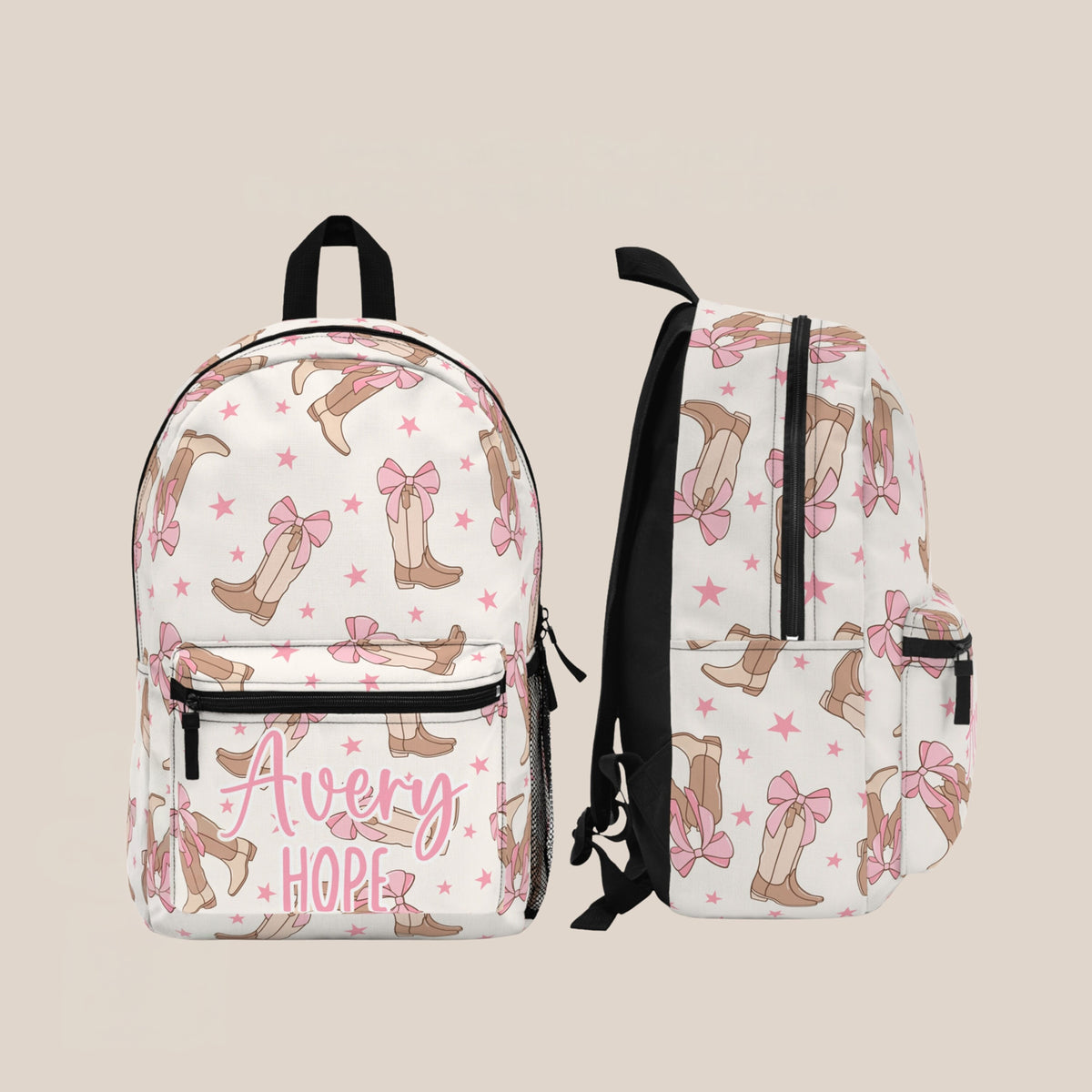 Personalized Coquette Cowgirl Boots Bow Backpack, Back To School Bookbag Custom Name, Girly Pop Birthday Gift