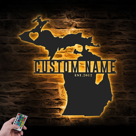Custom State Map Metal Wall Art LED Lights, Personalized Name Sign Home Decor, Born in US, Decoration Housewarming Xmas