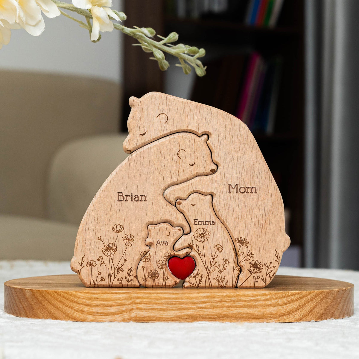 Floral Bear Family - Personalized Family Wooden Puzzle - Gift For Family, Mother's Day, Father's Day Gift