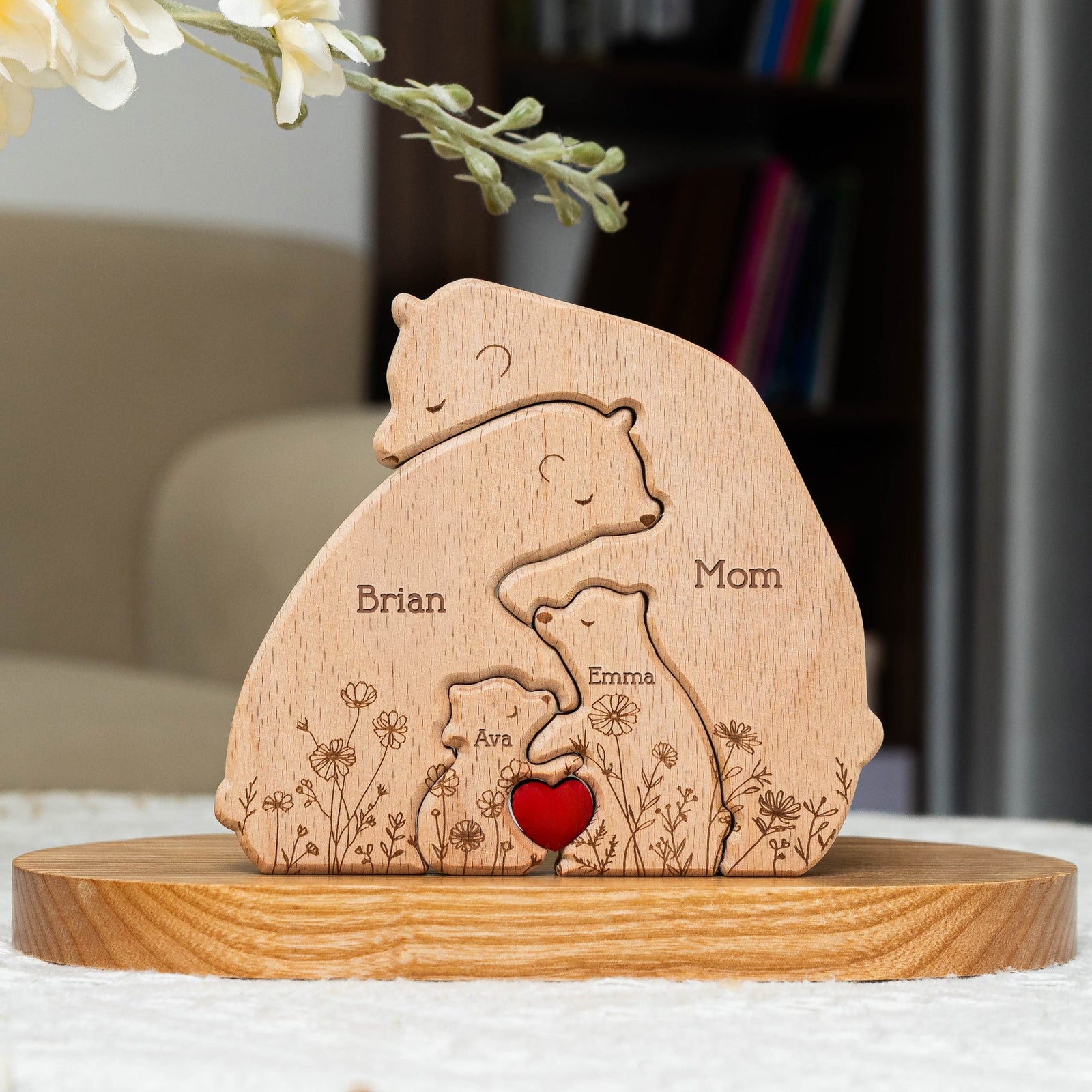 Floral Bear Family - Personalized Family Wooden Puzzle - Gift For Family, Mother's Day, Father's Day Gift