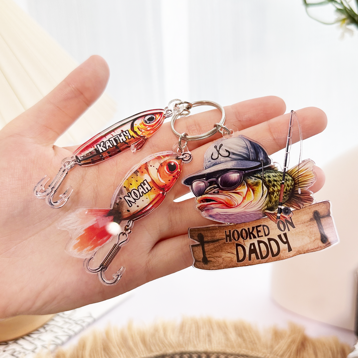 Hooked On Daddy Papa - Personalized Acrylic Tag Keychain - Gift For Father, Grandfather, Father's Day, Birthday Gift