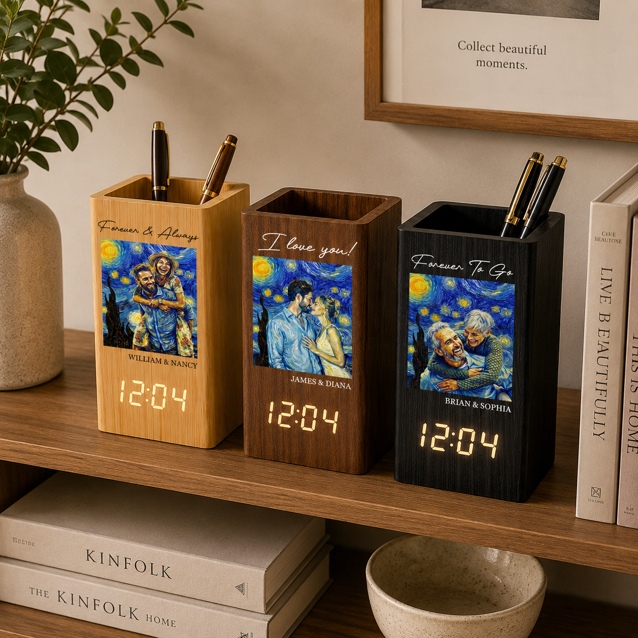Personalized Photo Pen Holder Clock, Starry Night Custom Photo Wooden Desk Organizer with LED Digital Clock, Gift For Couple, Family