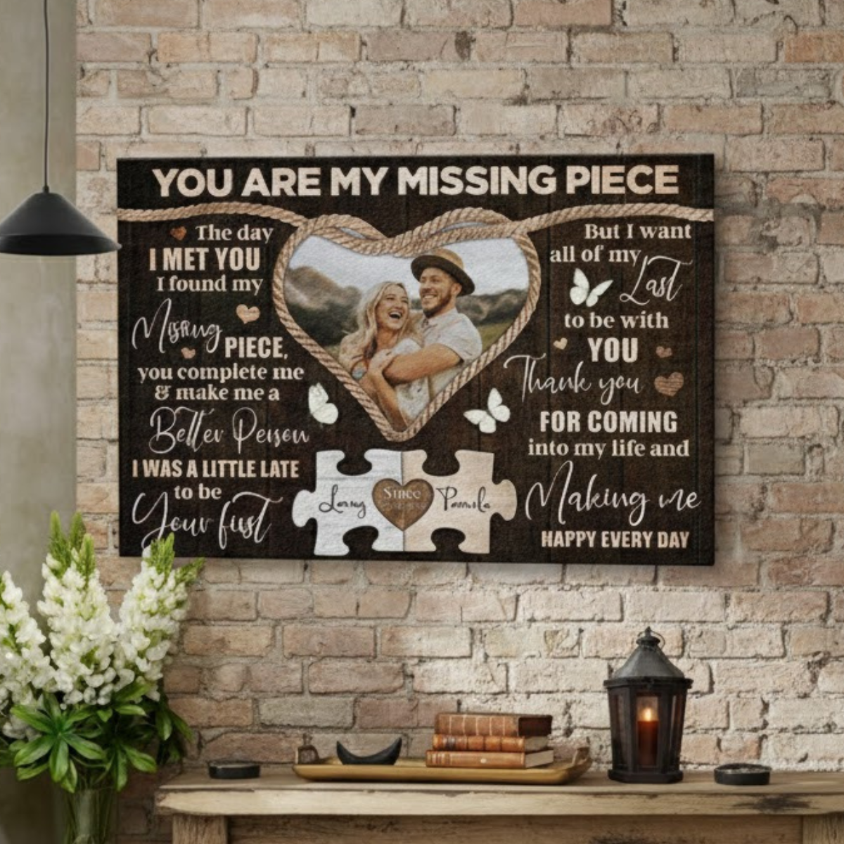 Personalized Couple Canvas, Custom Photo And Name, You Are My Missing Piece, Anniversary Wedding Engagement Gifts For Couple