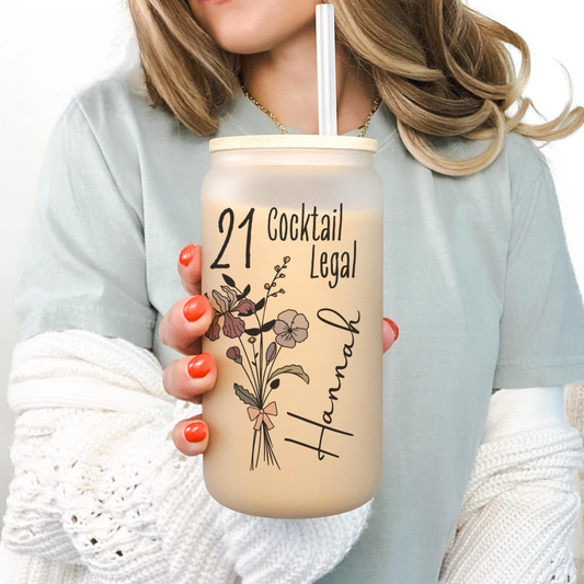 21st Birthday Glass Tumbler, Turning 21 Gift With Birthflower Glass Tumbler, 21 Year Old Gift Iced Coffee Cup, 21st Birthday Glass With Flower