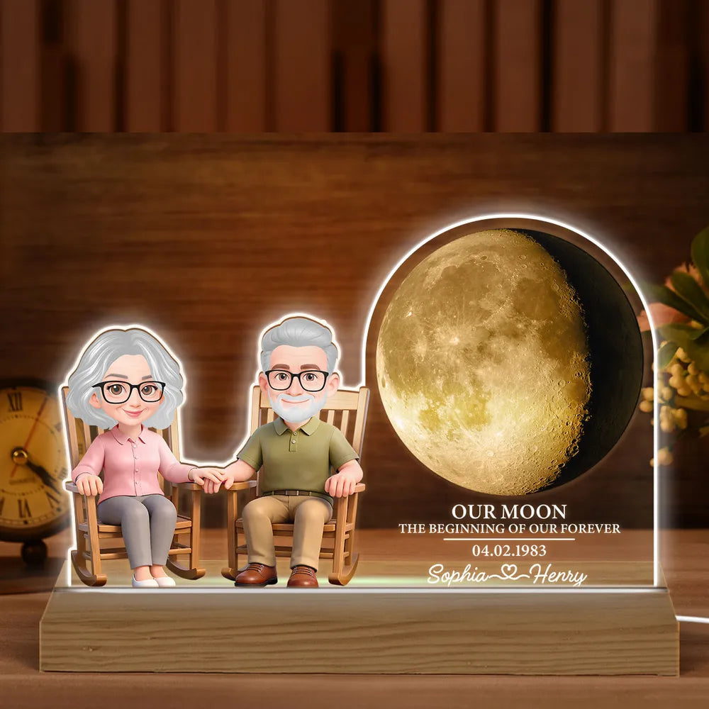 Old Couple Sitting On Rocking Chair Custom Moon Phase - Personalized 3D LED Light - Valentine's Day, Anniversary Gift For Couple