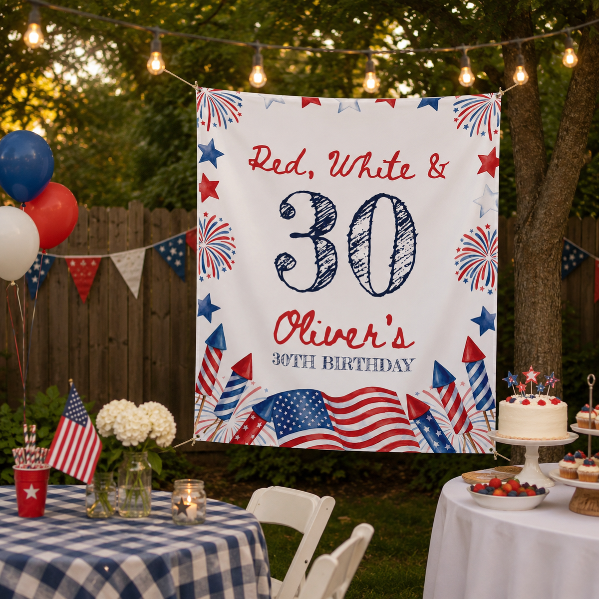 Red White and 30th, 40th, 50th Birthday Backdrop, Patriotic 4th of July Party Banner