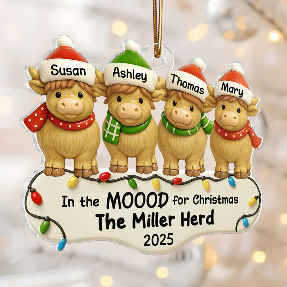 3D Effect Family Herd In The Mood For Christmas - Personalized Acrylic Ornament - Christmas Gift For Family