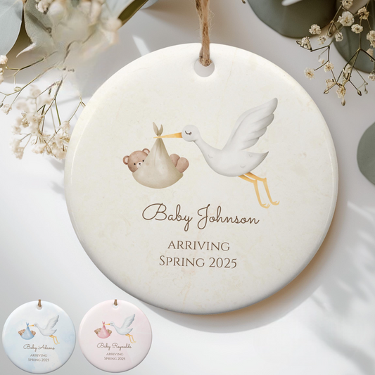 Stork Baby Announcement Ornament, Expecting Baby Announce Ceramic Ornament, Pregnancy Announcement Keepsake Baby Arriving, Baby On The Way Gift