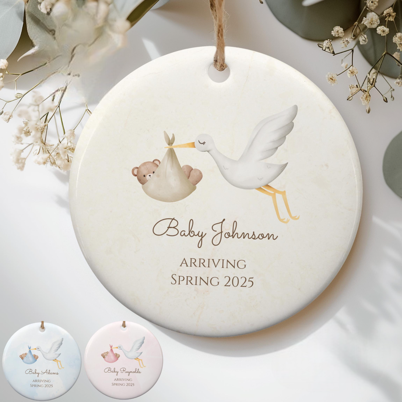 Stork Baby Announcement Ornament, Expecting Baby Announce Ceramic Ornament, Pregnancy Announcement Keepsake Baby Arriving, Baby On The Way Gift