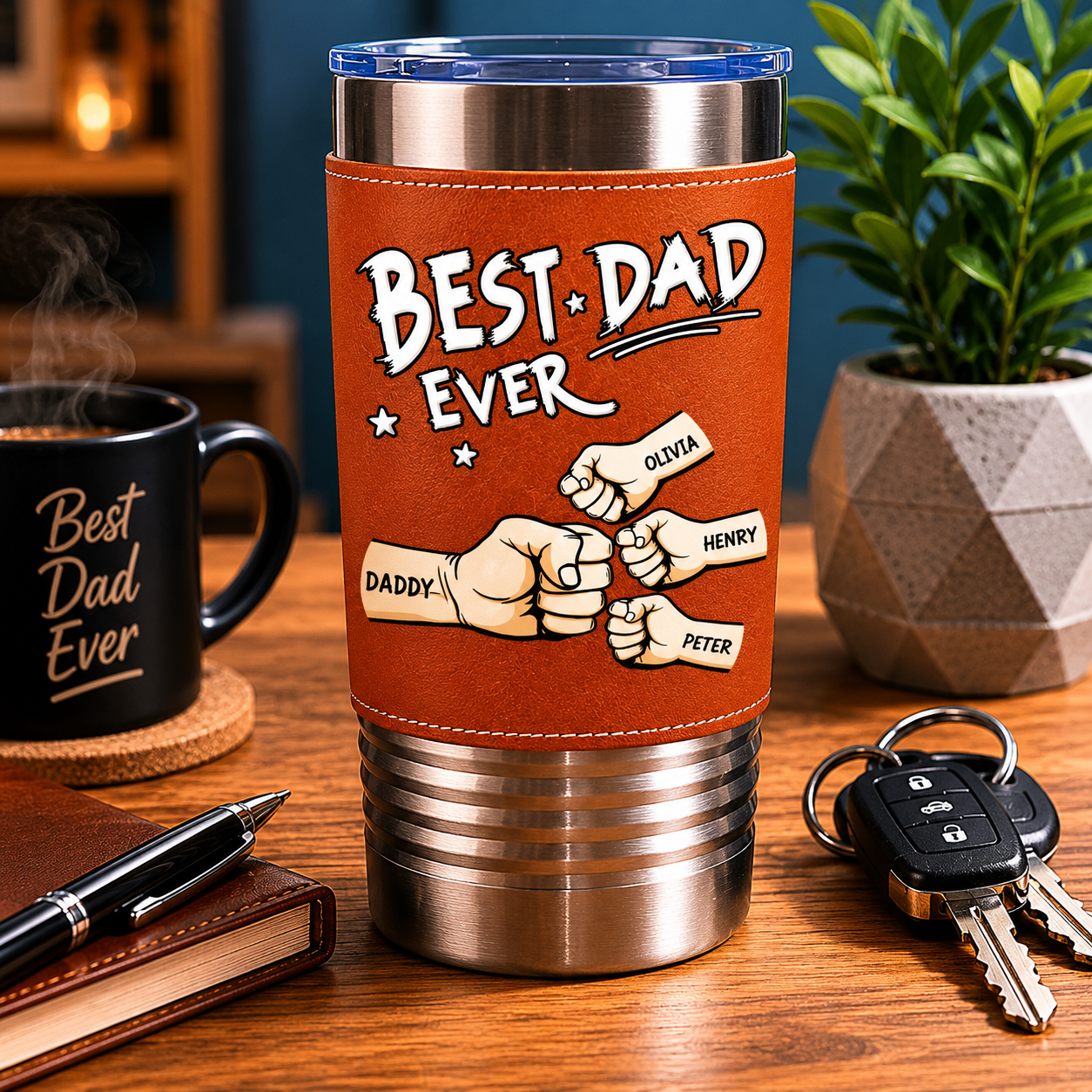 Best Dad Ever Custom Dad Fist Bump with Kids Names, Father s Day Tumbler Travel Mug, Gift for Dad