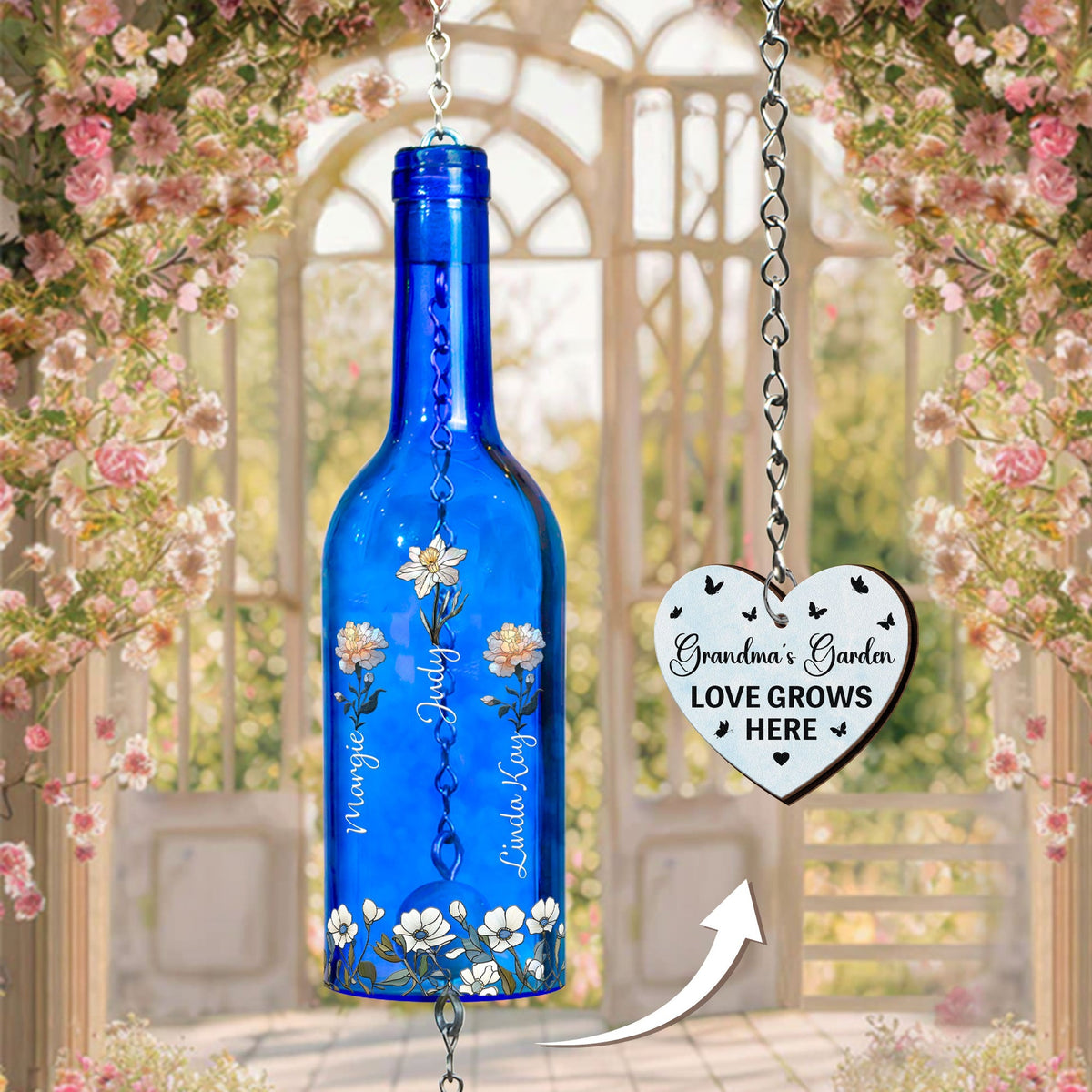 Mom Grandma's Garden Love Grows Here - Personalized Wine Bottle Wind Chime - Birthday Gift For Mother, Grandma