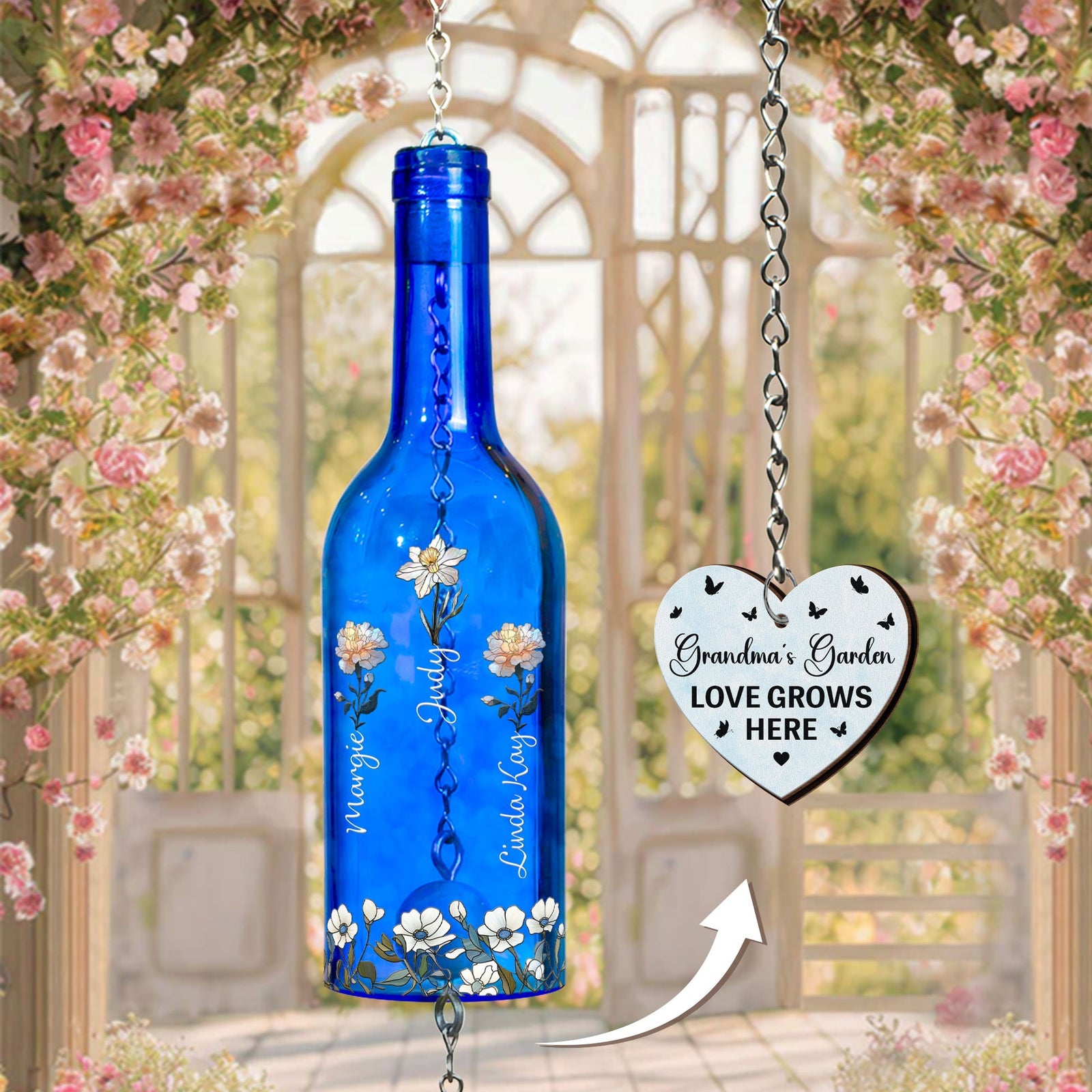 Mom Grandma's Garden Love Grows Here - Personalized Wine Bottle Wind Chime - Birthday Gift For Mother, Grandma