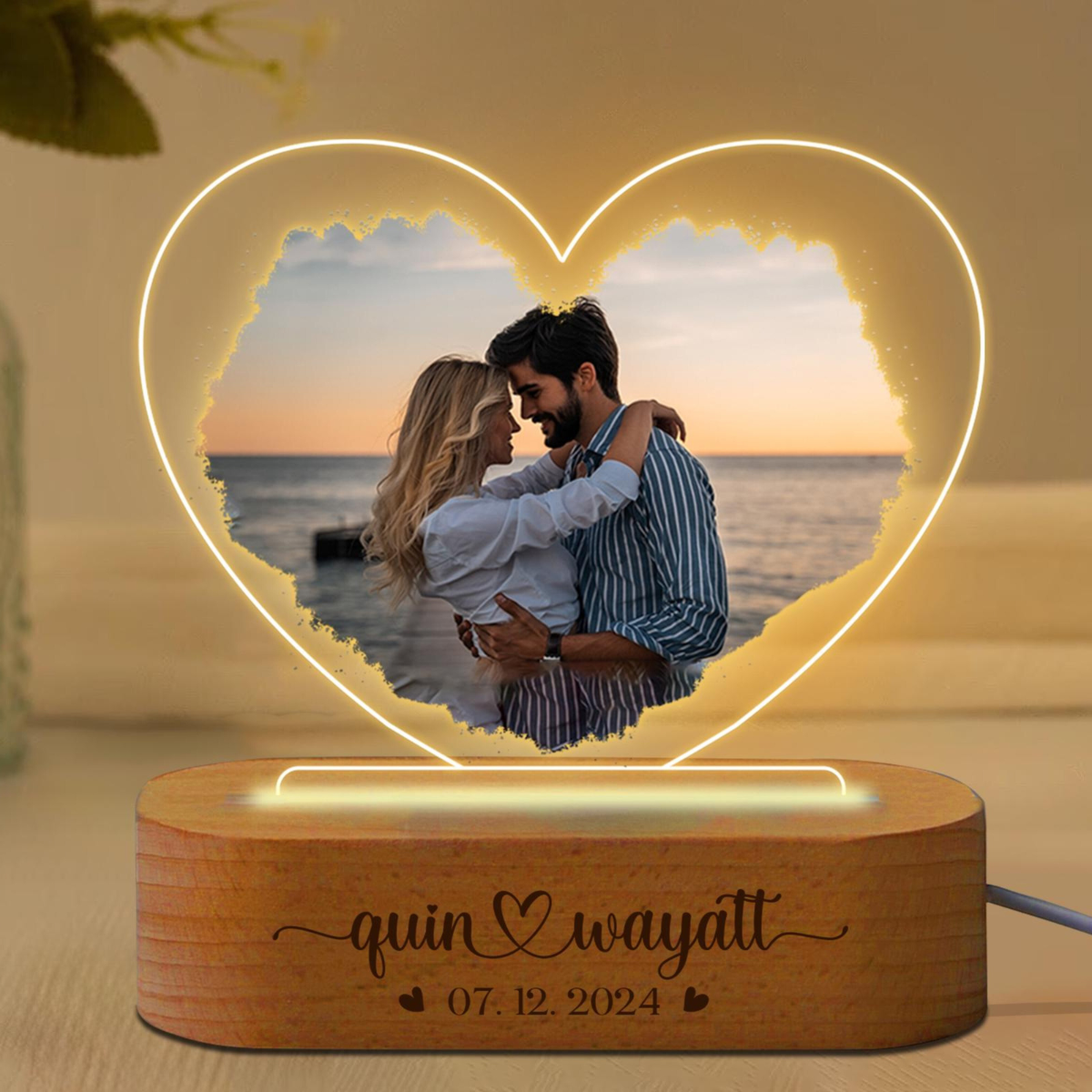 Custom Photo Heart Acrylic Night Light, Personalized 3D LED Light Wooden Base, Anniversary Gift, Valentines Day Gift for Him or Her, Couple Gifts