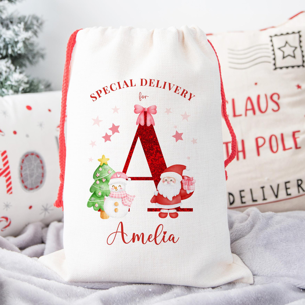 Personalized Santa Sack for Girls, Pink Bow Christmas Gift Bag, Custom Special Delivery, Faux Glitter Initial Name, Cute Snowman Santa Claus