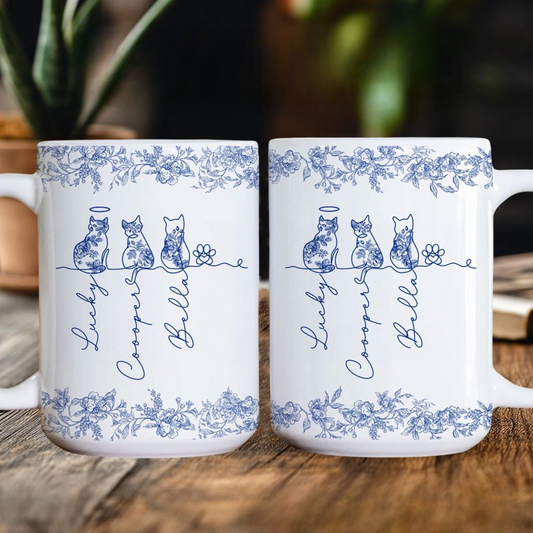 Custom Cat's Name Mug, Toile De Jouy Birth Flowers Mug, Cat Memorial Gift, Cat Lovers Gift, Cat Mom Gift, Gift For Cat Owner, Cat Owner Gift