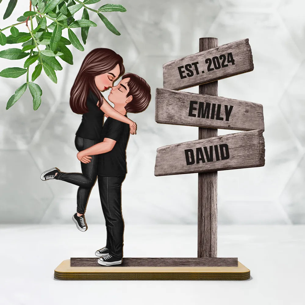 Kissing Couple Beside Directional Signs Personalized Wooden Plaque, Heartfelt Gift For Couple, Valentine's Day Gift