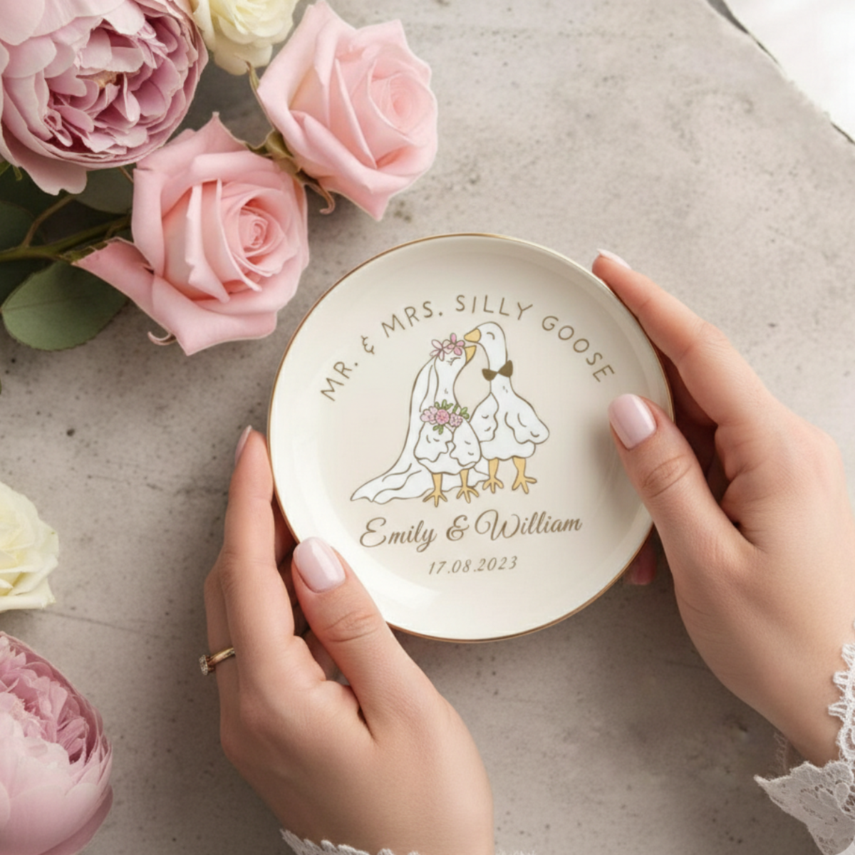 Mr. & Mrs. Silly Goose Ring Dish, Personalized Wedding Ring Holder, Custom Name Jewelry Tray, Trinket Bowl, Couple Engagement Gift