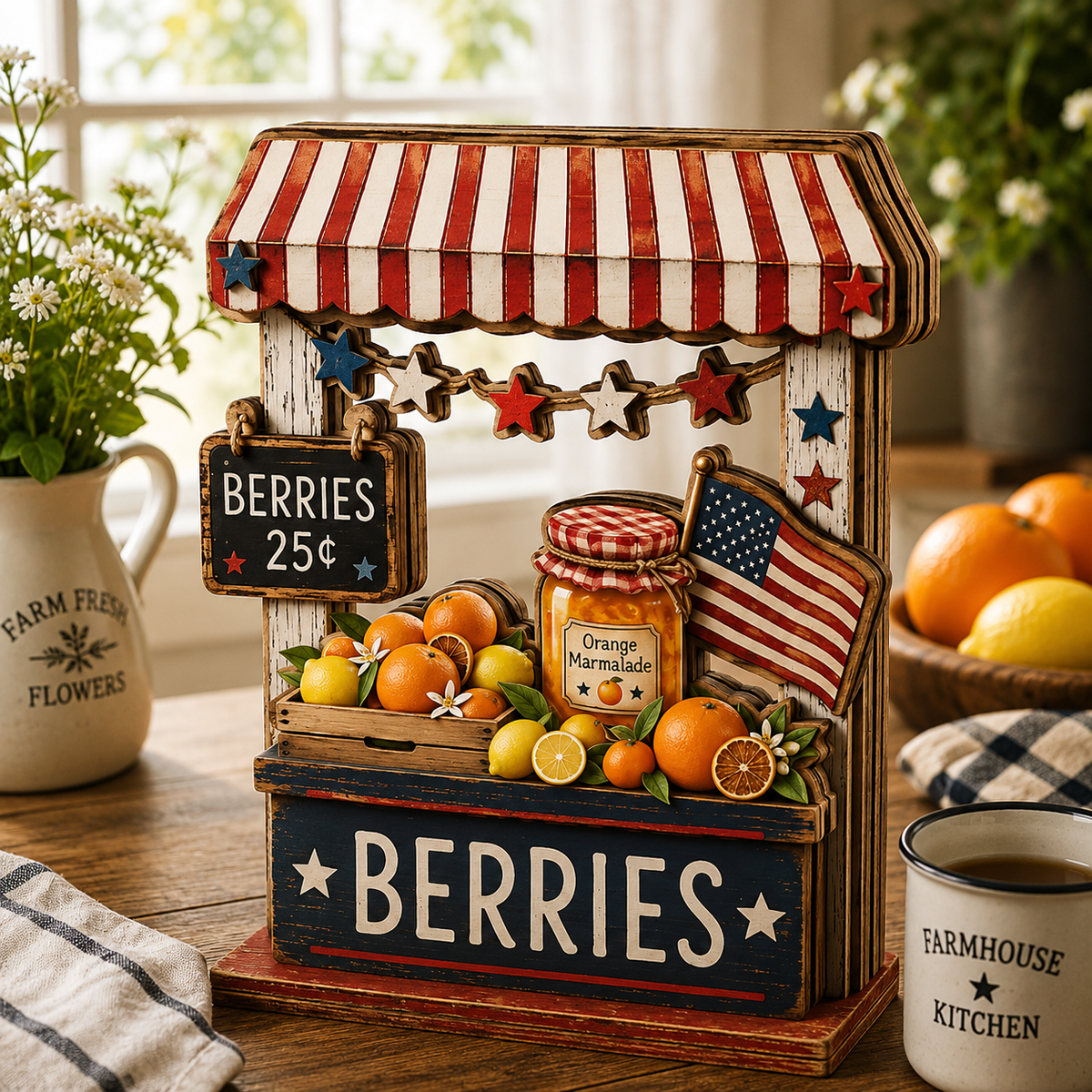 3D Wooden Patriotic Fruit Stand Decor, Summer Gift for Mom, Fourth of July Tabletop, Personalized Kitchen Sign, Watermelon Berry Art Piece