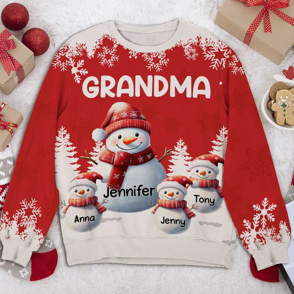 Grandma Snowman With Kids - Personalized Ugly Sweatshirt - Christmas Gift For Grandma