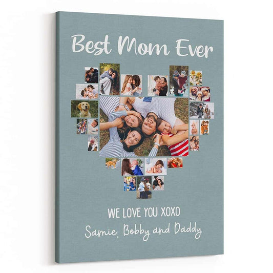 Best Mom Ever Heart Shaped Photo Collage - Personalized Canvas - Gift For Mom, Mother's Day, Birthday Gift