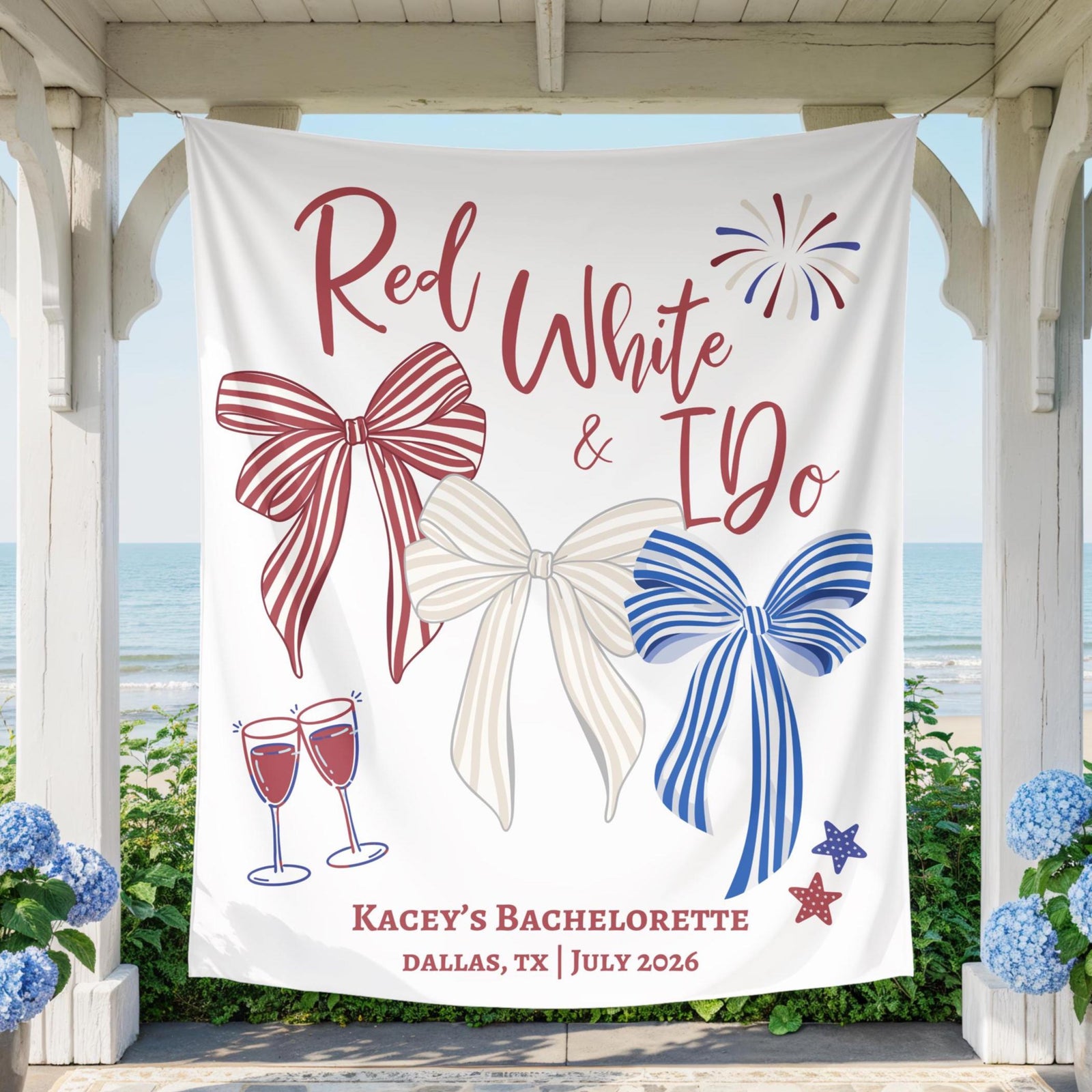 Custom Bachelorette Party Tapestry, Personalized Red, White & I Do Weekend Banner, 4th of July Bach Background Photo, Patriotic Bach Sign
