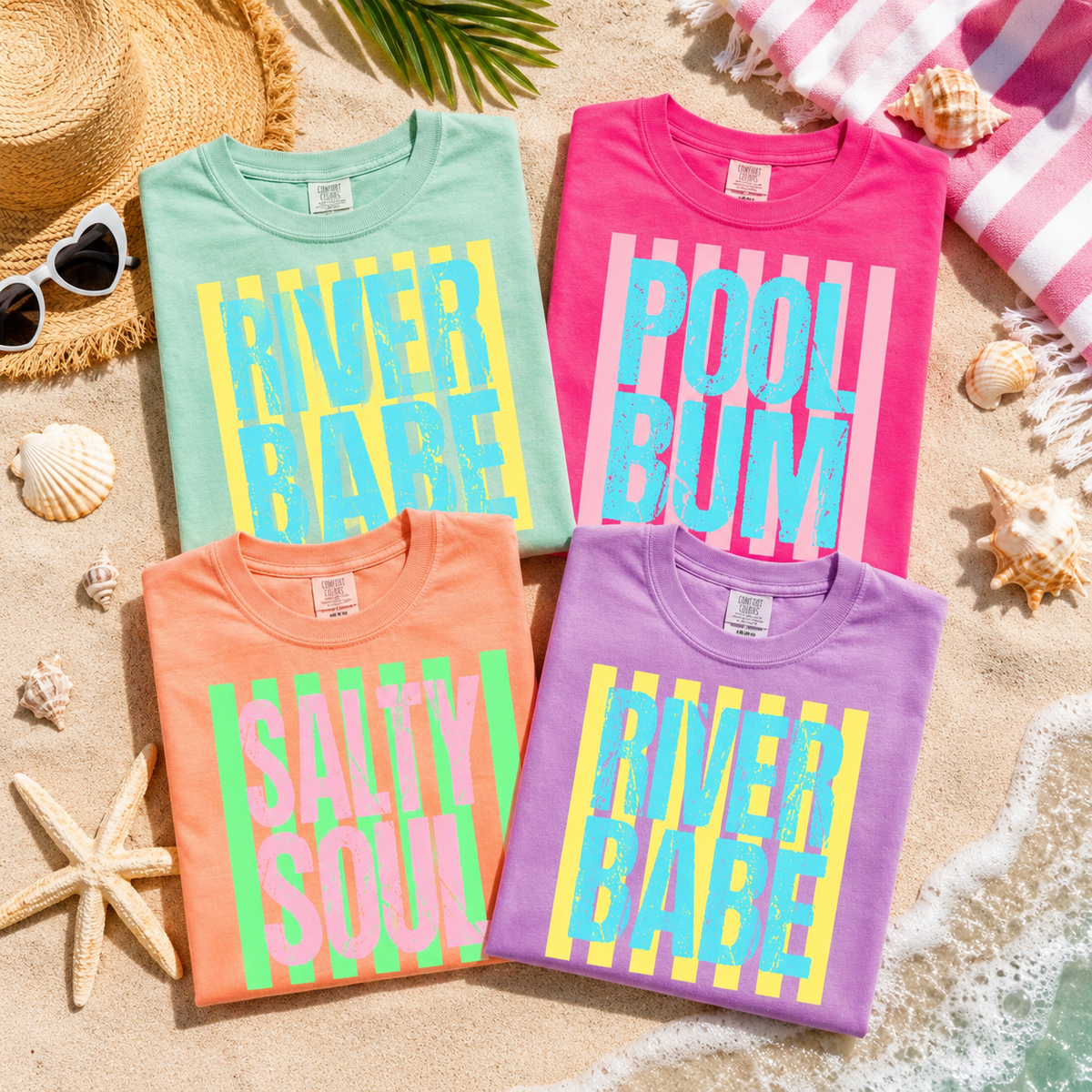 Retro Stripes Sunshine Neon Shirts, Beach Life Shirt, Lake Girl Shirt, Neon Trendy Summer Vibes, Distressed Beach Shirt, Lake Pool River