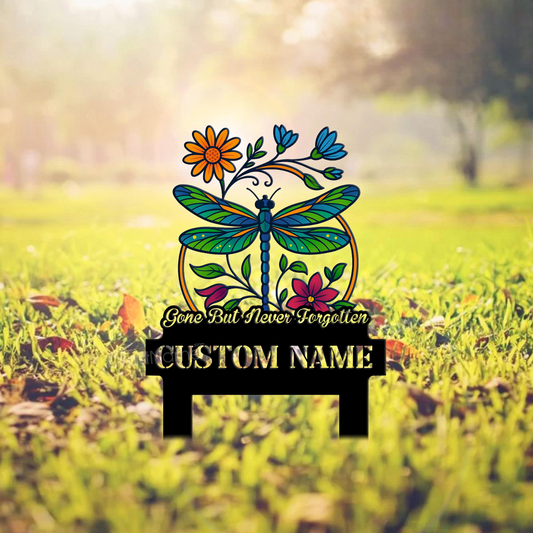 Personalized Flower Dragonfly Memorial Garden Metal with Stake, Dragonfly Metal Plaque, Sympathy Gift, Grave Marker for Dragonfly Lovers
