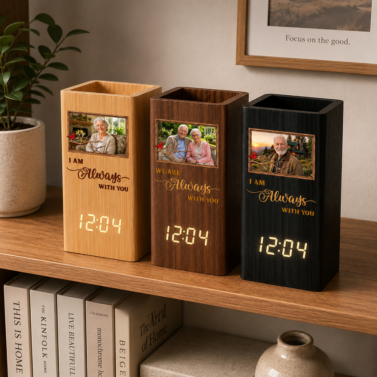 Personalized Photo Pen Holder Clock, I Am Always With You Custom Wooden Desk Organizer with LED Digital Clock, Memorial Gift For Family