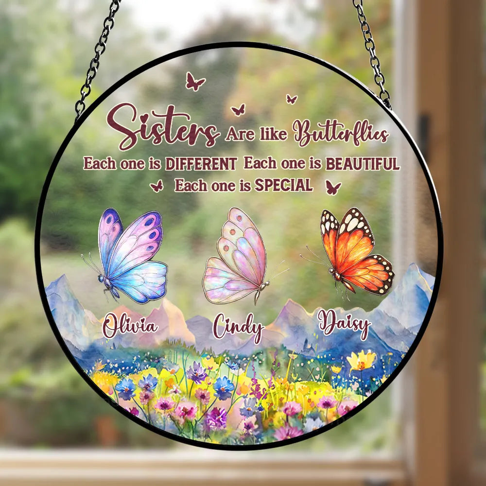 Sisters Are Like Butterflies - Personalized Suncatcher Stained Glass - Christmas, Birthday Gift For Sisters, Besties
