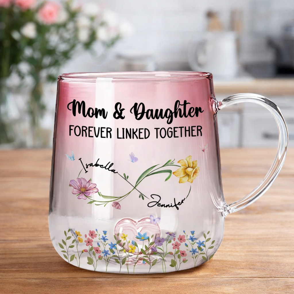 Mom And Daughter Forever Linked - Personalized Pink Gradient Glass Mug - Gift For Mom & Daughter, Mother's Day Gift