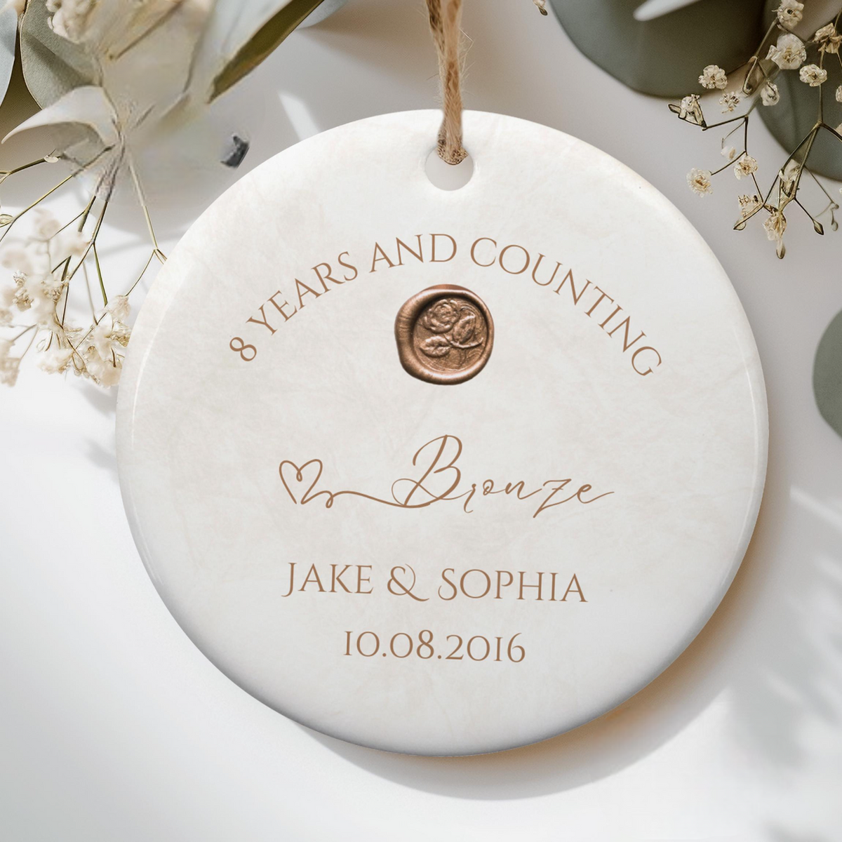 Personalize 8th Anniversary Ornament, Bronze Wedding Anniversary Gift, Eighth Year Anniversary Ceramic 8 Years Married Keepsake