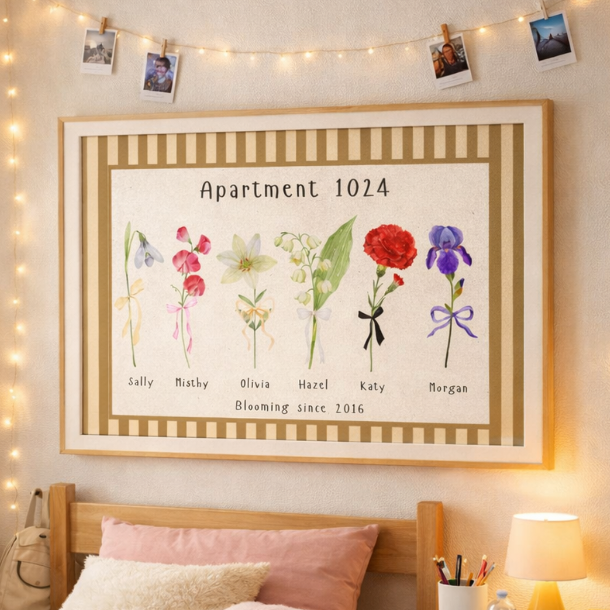 Custom Watercolor Birth Month Flower Art, Roomies Gift, Striped Print, Personalized Birthday Gift for Roommate, Soul Sisters, Dorm Decor